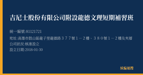 吉尼士股份有限公司附設龍德文理短期補習班的照片-統編 81121721(高雄市) 公司登記資料與營業項目詳細圖表