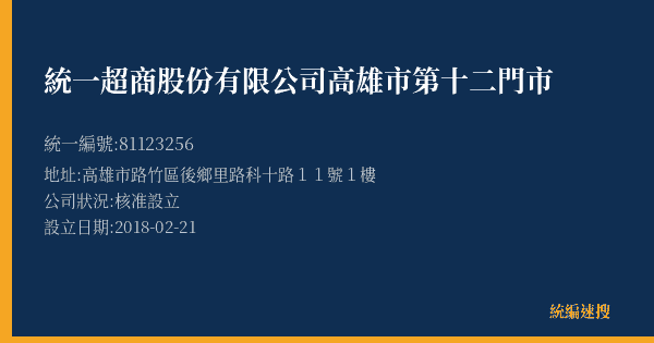統一超商股份有限公司高雄市第十二門市的照片-統編 81123256(高雄市) 公司登記資料與營業項目詳細圖表