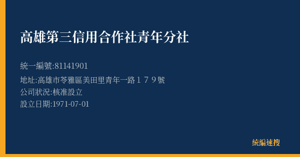 高雄第三信用合作社青年分社的照片-統編 81141901(高雄市) 公司登記資料與營業項目詳細圖表