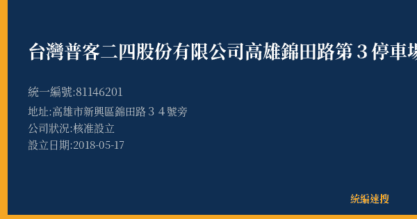 台灣普客二四股份有限公司高雄錦田路第3停車場的照片-統編 81146201(高雄市) 公司登記資料與營業項目詳細圖表