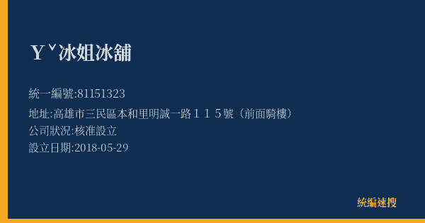 Yˇ冰姐冰舖的照片-統編 81151323(高雄市) 公司登記資料與營業項目詳細圖表