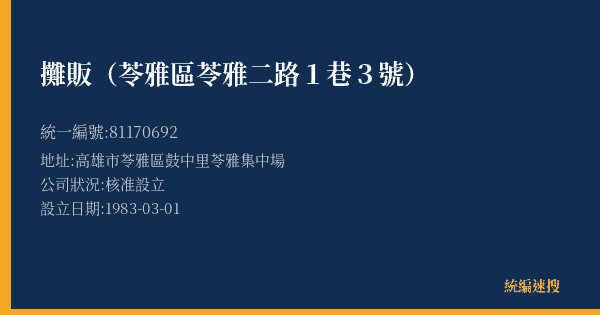 攤販(苓雅區苓雅二路1巷3號)的照片-統編 81170692(高雄市) 公司登記資料與營業項目詳細圖表
