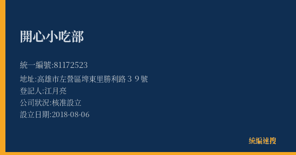 開心小吃部的照片-統編 81172523(高雄市) 公司登記資料與營業項目詳細圖表