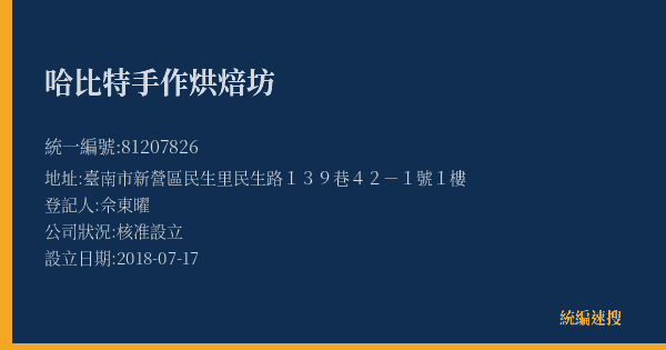哈比特手作烘焙坊的照片-統編 81207826(臺南市) 公司登記資料與營業項目詳細圖表