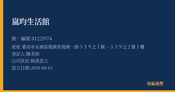 嵐昀生活館的照片-統編 81221974(臺南市) 公司登記資料與營業項目詳細圖表