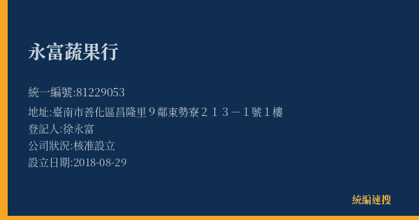 永富蔬果行的照片-統編 81229053(臺南市) 公司登記資料與營業項目詳細圖表