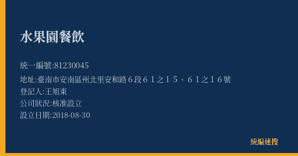 水果園餐飲的照片-統編 81230045(臺南市) 公司登記資料與營業項目詳細圖表