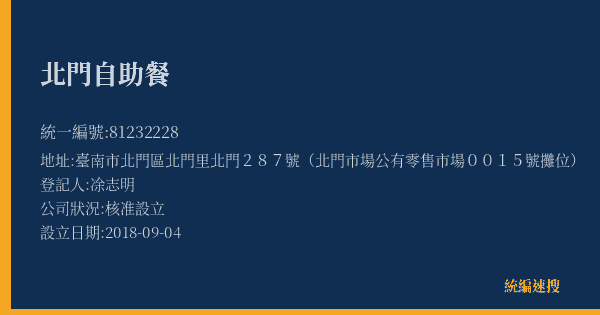 北門自助餐的照片-統編 81232228(臺南市) 公司登記資料與營業項目詳細圖表