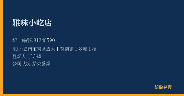 雅味小吃店的照片-統編 81240590(臺南市) 公司登記資料與營業項目詳細圖表
