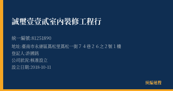 誠璽壹壹貳室內裝修工程行的照片-統編 81251890(臺南市) 公司登記資料與營業項目詳細圖表
