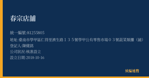 春宗店舖的照片-統編 81255805(臺南市) 公司登記資料與營業項目詳細圖表