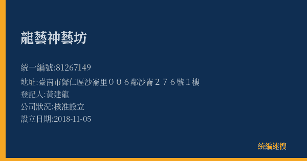 龍藝神藝坊的照片-統編 81267149(臺南市) 公司登記資料與營業項目詳細圖表
