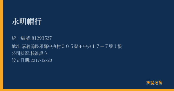 永明帽行的照片-統編 81293527(嘉義縣) 公司登記資料與營業項目詳細圖表