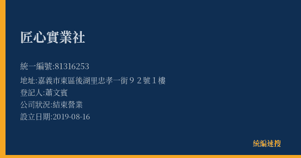 匠心實業社的照片-統編 81316253(嘉義市) 公司登記資料與營業項目詳細圖表