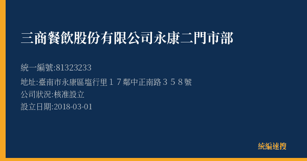 三商餐飲股份有限公司永康二門市部的照片-統編 81323233(臺南市) 公司登記資料與營業項目詳細圖表