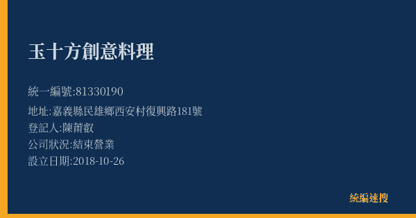 玉十方創意料理的照片-統編 81330190(嘉義縣) 公司登記資料與營業項目詳細圖表