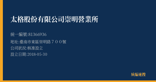 太格股份有限公司崇明營業所的照片-統編 81366936(臺南市) 公司登記資料與營業項目詳細圖表