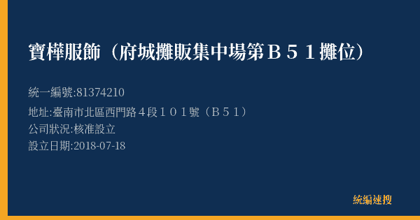 寶樺服飾(府城攤販集中場第B51攤位)的照片-統編 81374210(臺南市) 公司登記資料與營業項目詳細圖表
