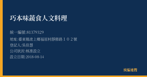 巧本味蔬食人文料理的照片-統編 81379329(臺東縣) 公司登記資料與營業項目詳細圖表