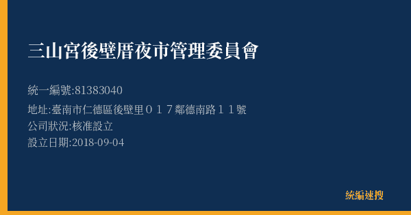 三山宮後壁厝夜市管理委員會的照片-統編 81383040(臺南市) 公司登記資料與營業項目詳細圖表