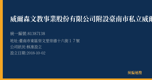 威爾森文教事業股份有限公司附設臺南市私立威爾森人文藝術幼兒園的照片-統編 81387138(臺南市) 公司登記資料與營業項目詳細圖表