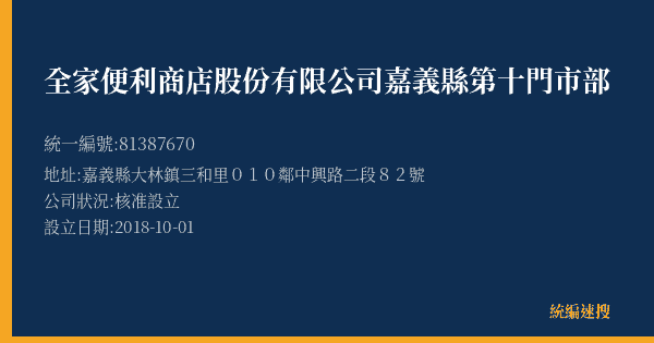 全家便利商店股份有限公司嘉義縣第十門市部的照片-統編 81387670(嘉義縣) 公司登記資料與營業項目詳細圖表
