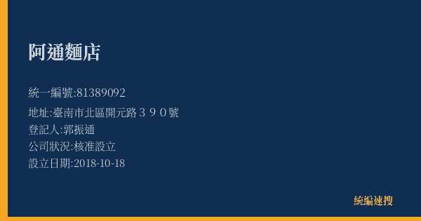 阿通麵店的照片-統編 81389092(臺南市) 公司登記資料與營業項目詳細圖表