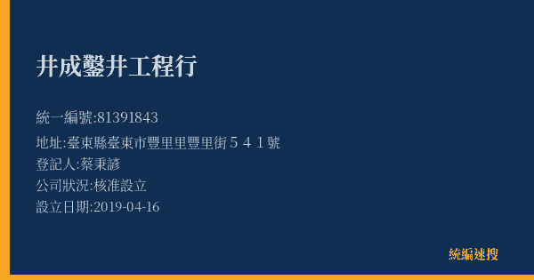 井成鑿井工程行的照片-統編 81391843(臺東縣) 公司登記資料與營業項目詳細圖表