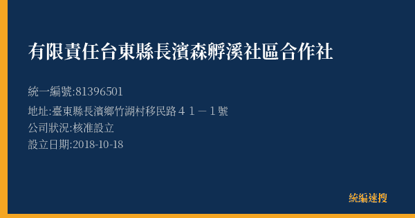 有限責任台東縣長濱森孵溪社區合作社的照片-統編 81396501(臺東縣) 公司登記資料與營業項目詳細圖表