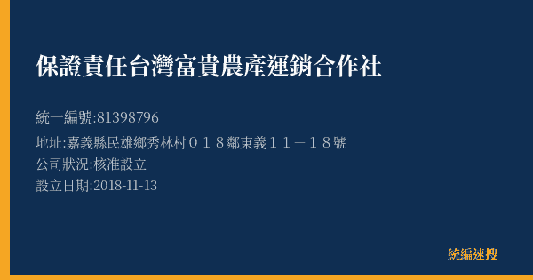保證責任台灣富貴農產運銷合作社的照片-統編 81398796(嘉義縣) 公司登記資料與營業項目詳細圖表