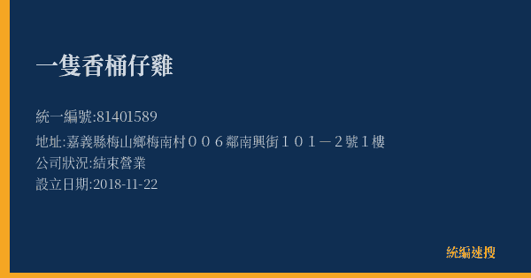 一隻香桶仔雞的照片-統編 81401589(嘉義縣) 公司登記資料與營業項目詳細圖表