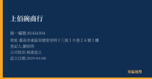上佰碗商行的照片-統編 81414304(臺南市) 公司登記資料與營業項目詳細圖表