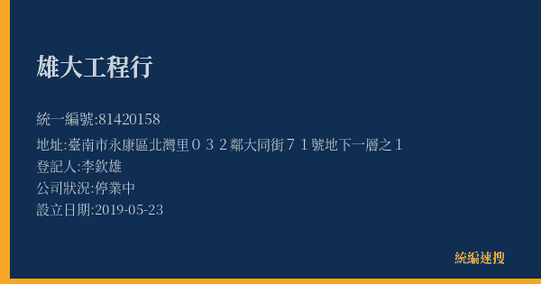 雄大工程行的照片-統編 81420158(臺南市) 公司登記資料與營業項目詳細圖表