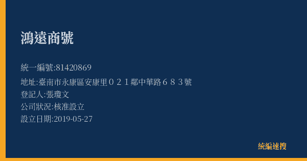 鴻遠商號的照片-統編 81420869(臺南市) 公司登記資料與營業項目詳細圖表