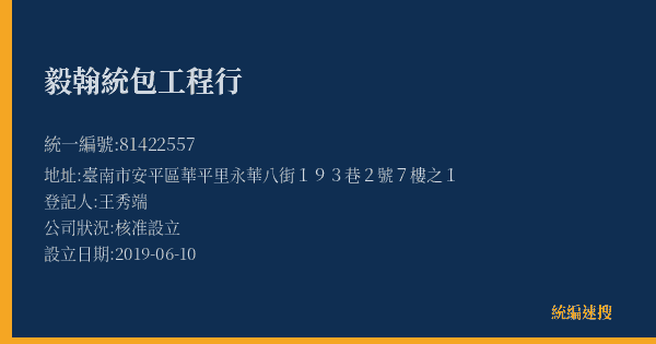 毅翰統包工程行的照片-統編 81422557(臺南市) 公司登記資料與營業項目詳細圖表