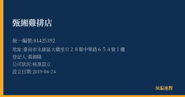 甄緗雞排店的照片-統編 81425392(臺南市) 公司登記資料與營業項目詳細圖表