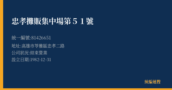 忠孝攤販集中場第51號的照片-統編 81426651(高雄市) 公司登記資料與營業項目詳細圖表