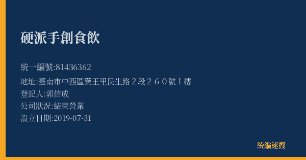 硬派手創食飲的照片-統編 81436362(臺南市) 公司登記資料與營業項目詳細圖表