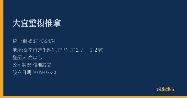 大宜整復推拿的照片-統編 81436454(臺南市) 公司登記資料與營業項目詳細圖表