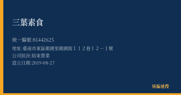 三葉素食的照片-統編 81442625(臺南市) 公司登記資料與營業項目詳細圖表