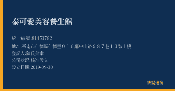 泰可愛美容養生館的照片-統編 81453782(臺南市) 公司登記資料與營業項目詳細圖表