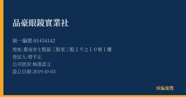 品豪眼鏡實業社的照片-統編 81454142(臺南市) 公司登記資料與營業項目詳細圖表