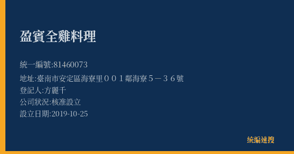 盈賓全雞料理的照片-統編 81460073(臺南市) 公司登記資料與營業項目詳細圖表