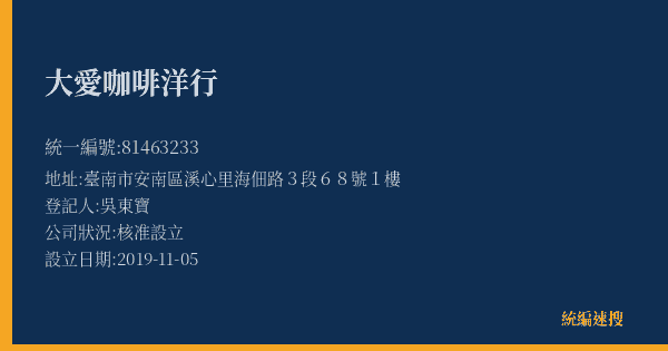 大愛咖啡洋行的照片-統編 81463233(臺南市) 公司登記資料與營業項目詳細圖表
