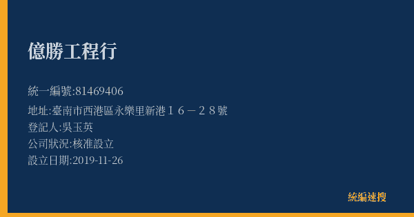 億勝工程行的照片-統編 81469406(臺南市) 公司登記資料與營業項目詳細圖表