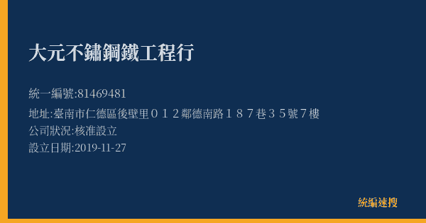 大元不鏽鋼鐵工程行的照片-統編 81469481(臺南市) 公司登記資料與營業項目詳細圖表