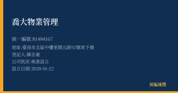 喬大物業管理的照片-統編 81484167(臺南市) 公司登記資料與營業項目詳細圖表