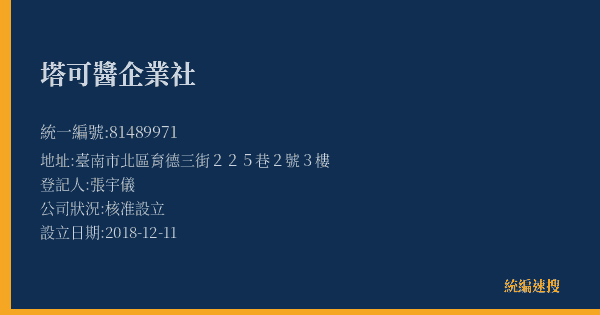 塔可醬企業社的照片-統編 81489971(臺南市) 公司登記資料與營業項目詳細圖表