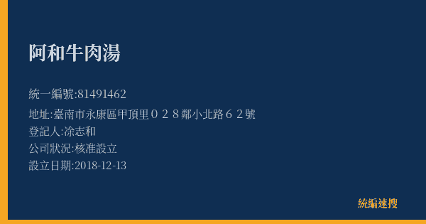 阿和牛肉湯的照片-統編 81491462(臺南市) 公司登記資料與營業項目詳細圖表