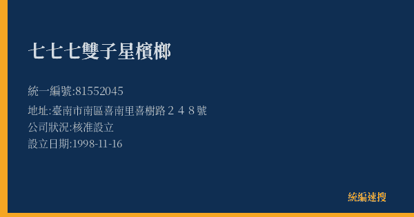 七七七雙子星檳榔的照片-統編 81552045(臺南市) 公司登記資料與營業項目詳細圖表